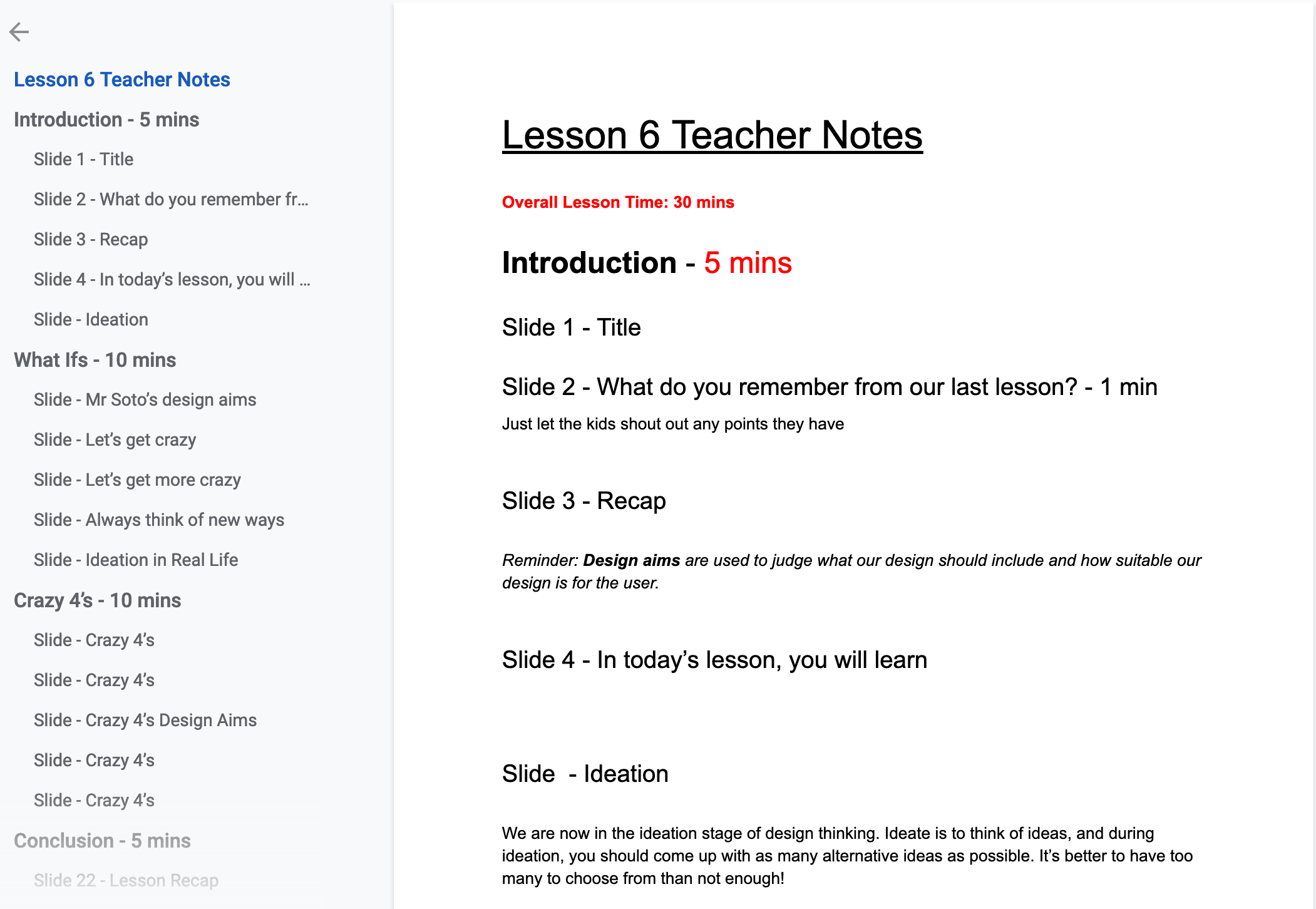 teacher's notes as an outline