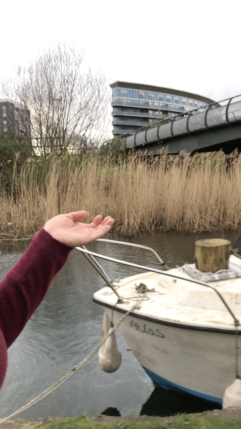 A hand pointing to a bridge in the background